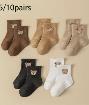 5/10 Paar Babysokjes met Schattige Beer - Zacht, Ademend & Comfortabel