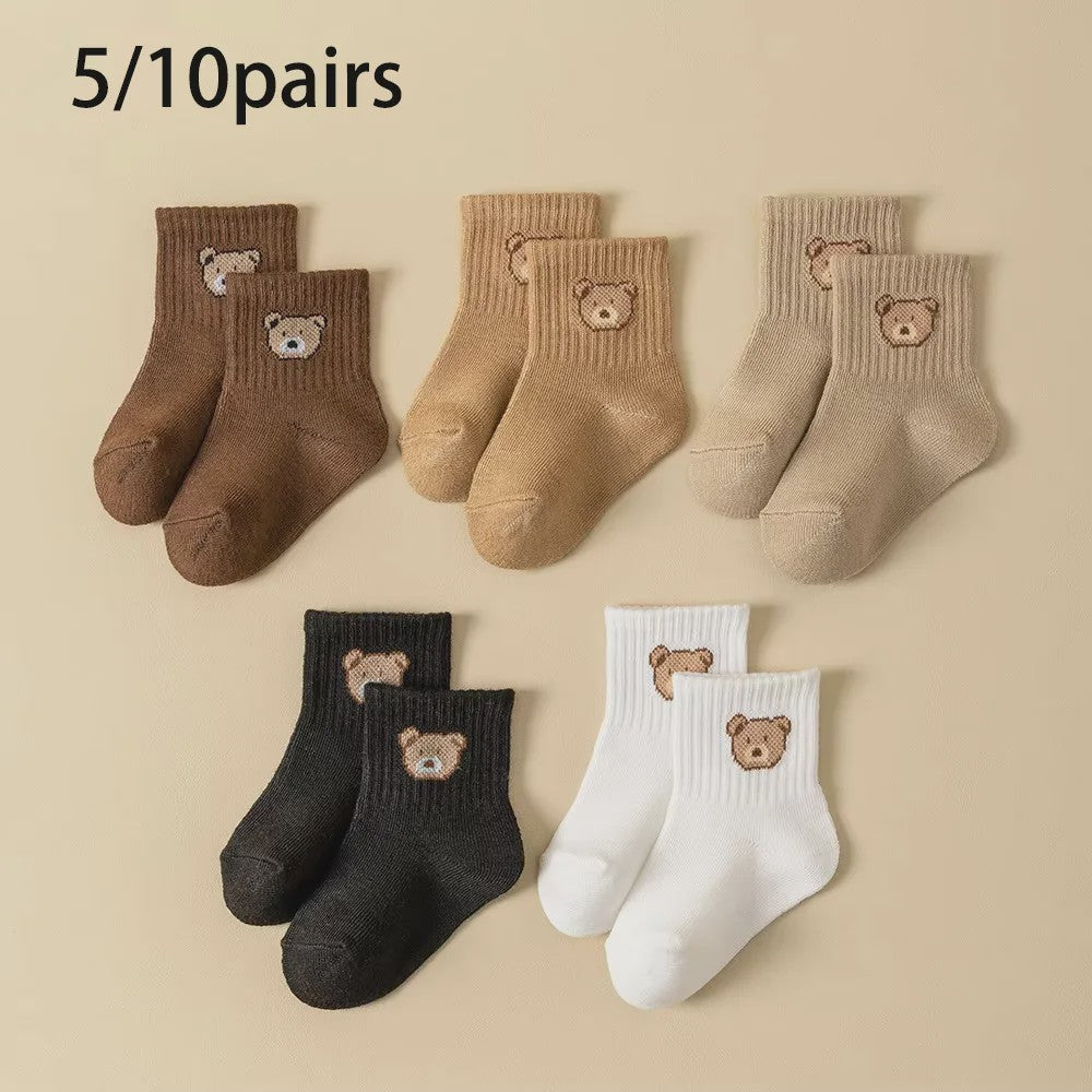 5/10 Paar Babysokjes met Schattige Beer - Zacht, Ademend & Comfortabel