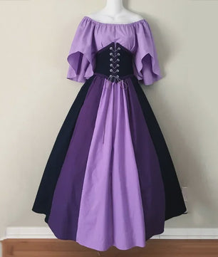 Middeleeuwse Retro Jurk met Contrastkleuren en Off-Shoulder Halslijn