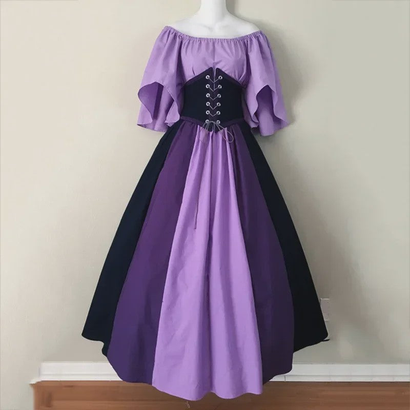 Middeleeuwse Retro Jurk met Contrastkleuren en Off-Shoulder Halslijn