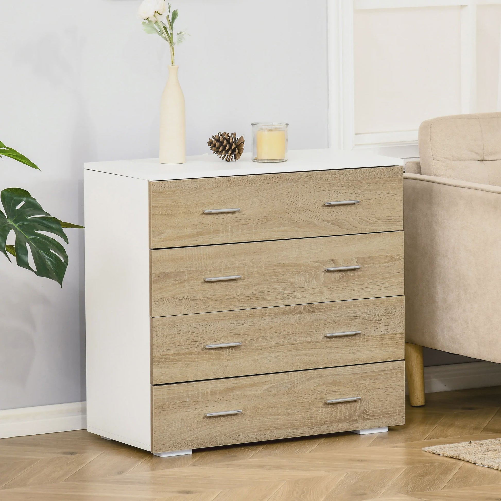 Moderne Commode met 4 Lades - Wit & Houtkleur - 76x35x72 cm