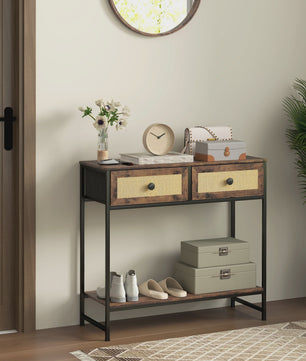 Sfeervolle Console Tafel met Open Plank en 2 Rotan Lades - Rustiek Bruin 80x30x75 cm