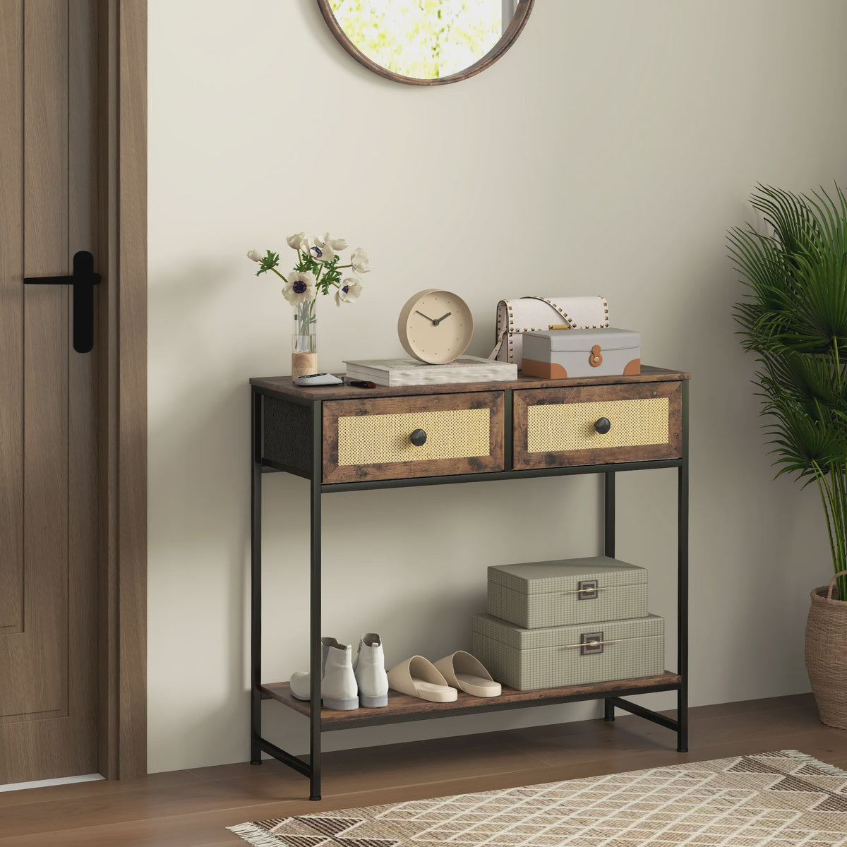 Sfeervolle Console Tafel met Open Plank en 2 Rotan Lades - Rustiek Bruin 80x30x75 cm
