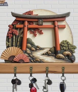 Japanse Torii Poort Sleutelhanger & Wandrek met 4 Haken - Decoratief Hout