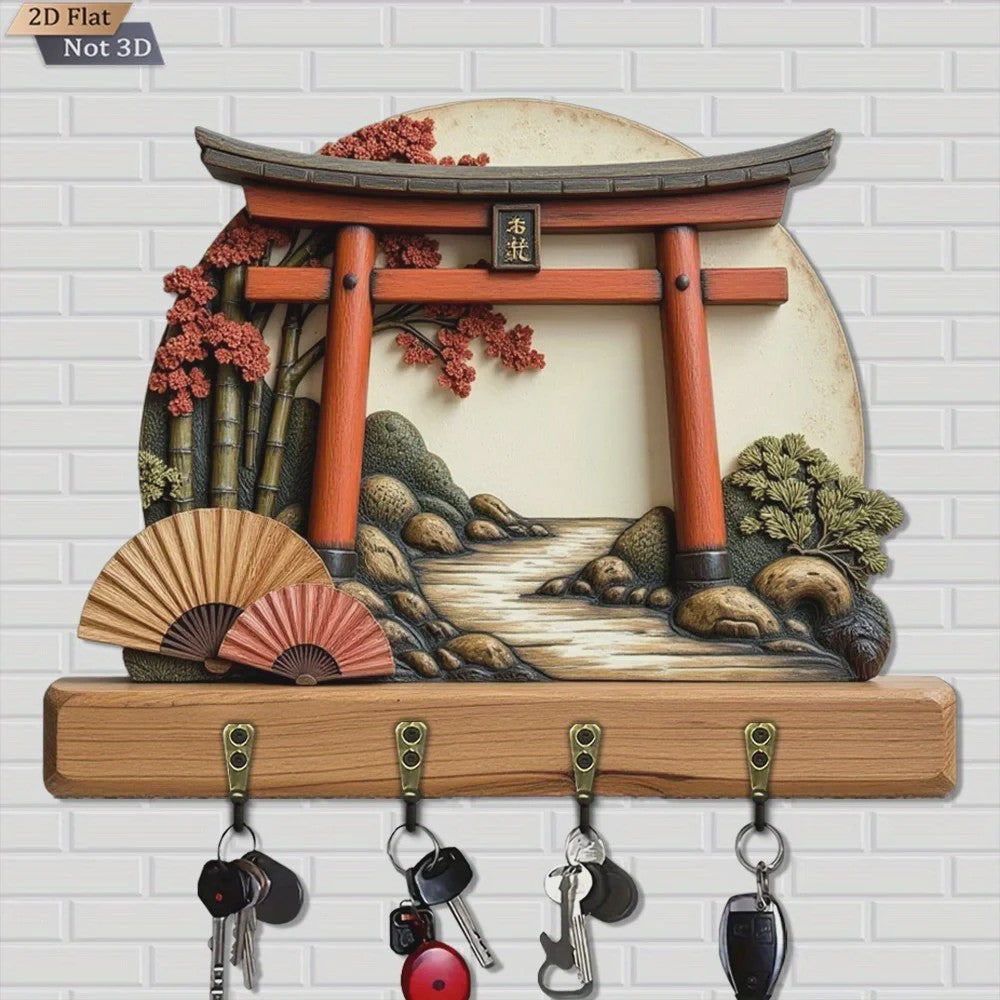 Japanse Torii Poort Sleutelhanger & Wandrek met 4 Haken - Decoratief Hout