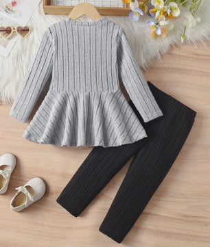 Schattig Kinder Meisjes Set: Lange Mouw Top met Strik en Broek