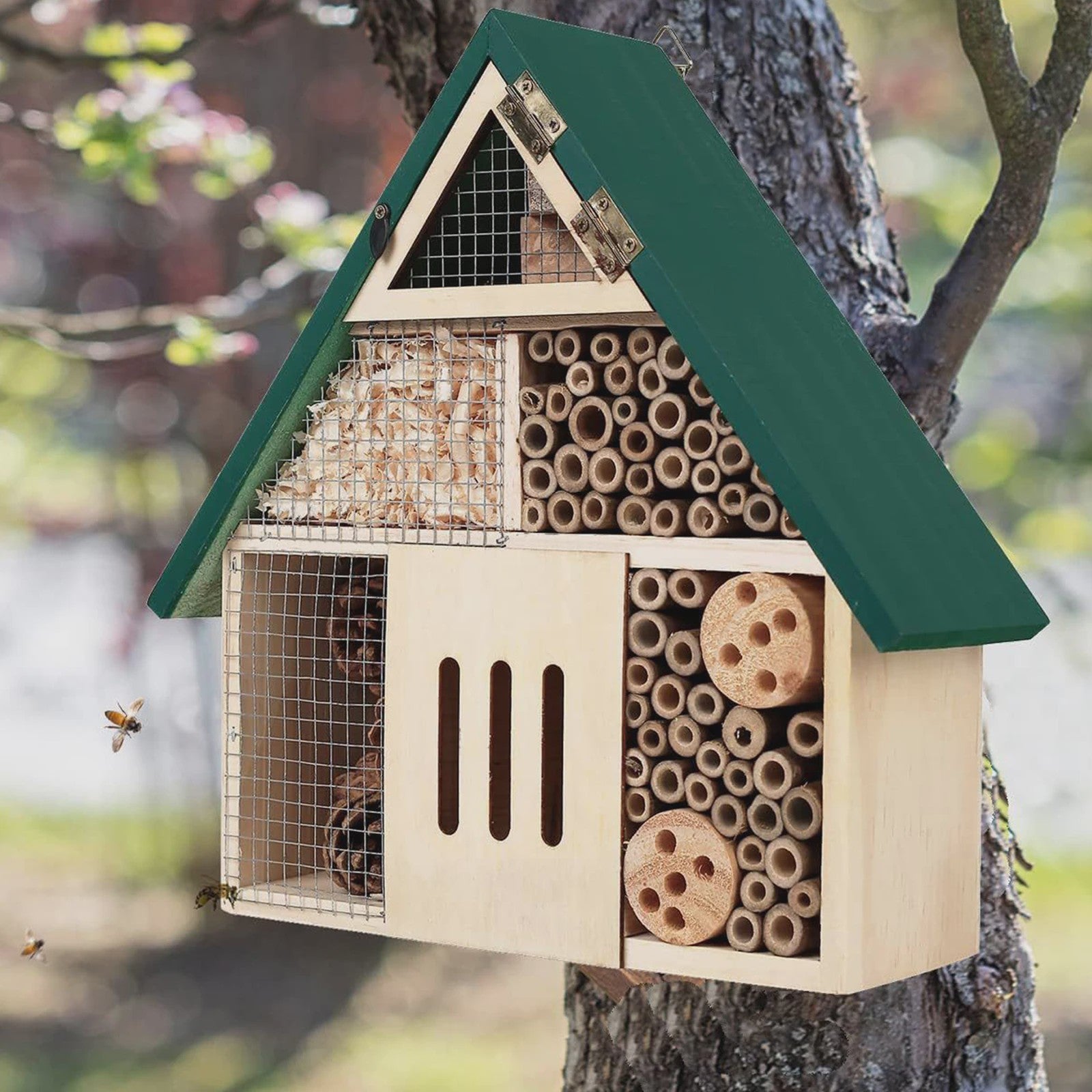 Houten Bijenhotel en Insectenhotel - Weerbestendig - Tuindecoratie voor Bijen, Lieveheersbeestjes en Vlinders