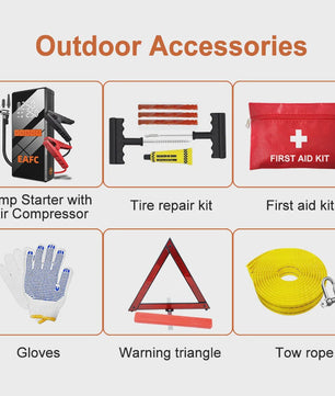 Complete Auto Noodkit: Startkabels, Compressor, EHBO, Bandenreparatie & Sleepkabel