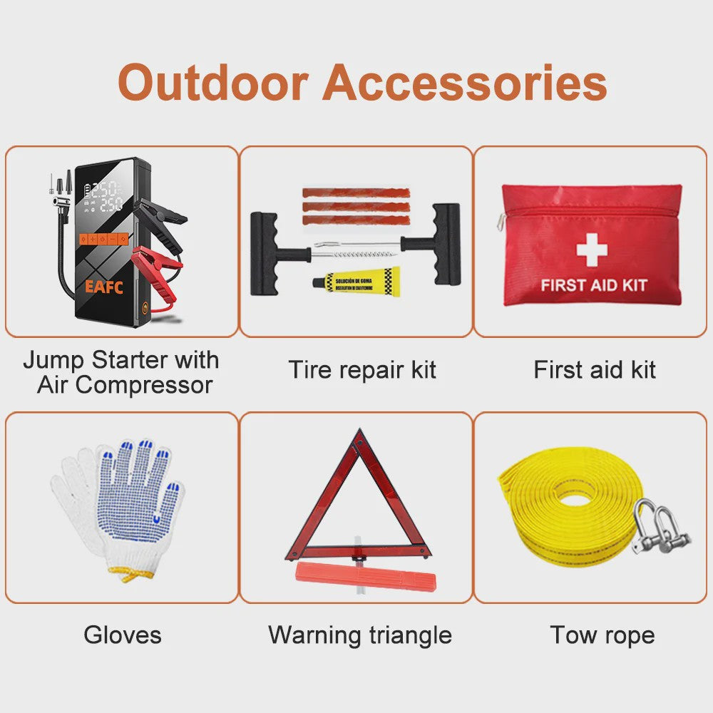 Complete Auto Noodkit: Startkabels, Compressor, EHBO, Bandenreparatie & Sleepkabel