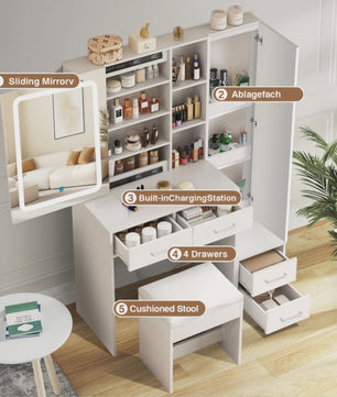 Dressing Tafel met LED Spiegel, 4 Lades en 1 Deur - Wit, Elegant & Modern