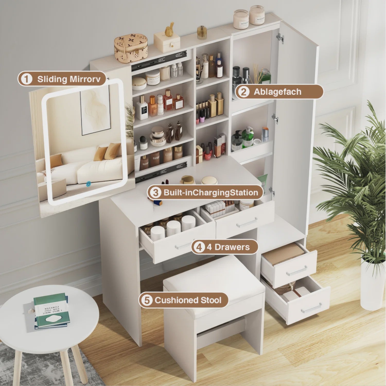 Dressing Tafel met LED Spiegel, 4 Lades en 1 Deur - Wit, Elegant & Modern