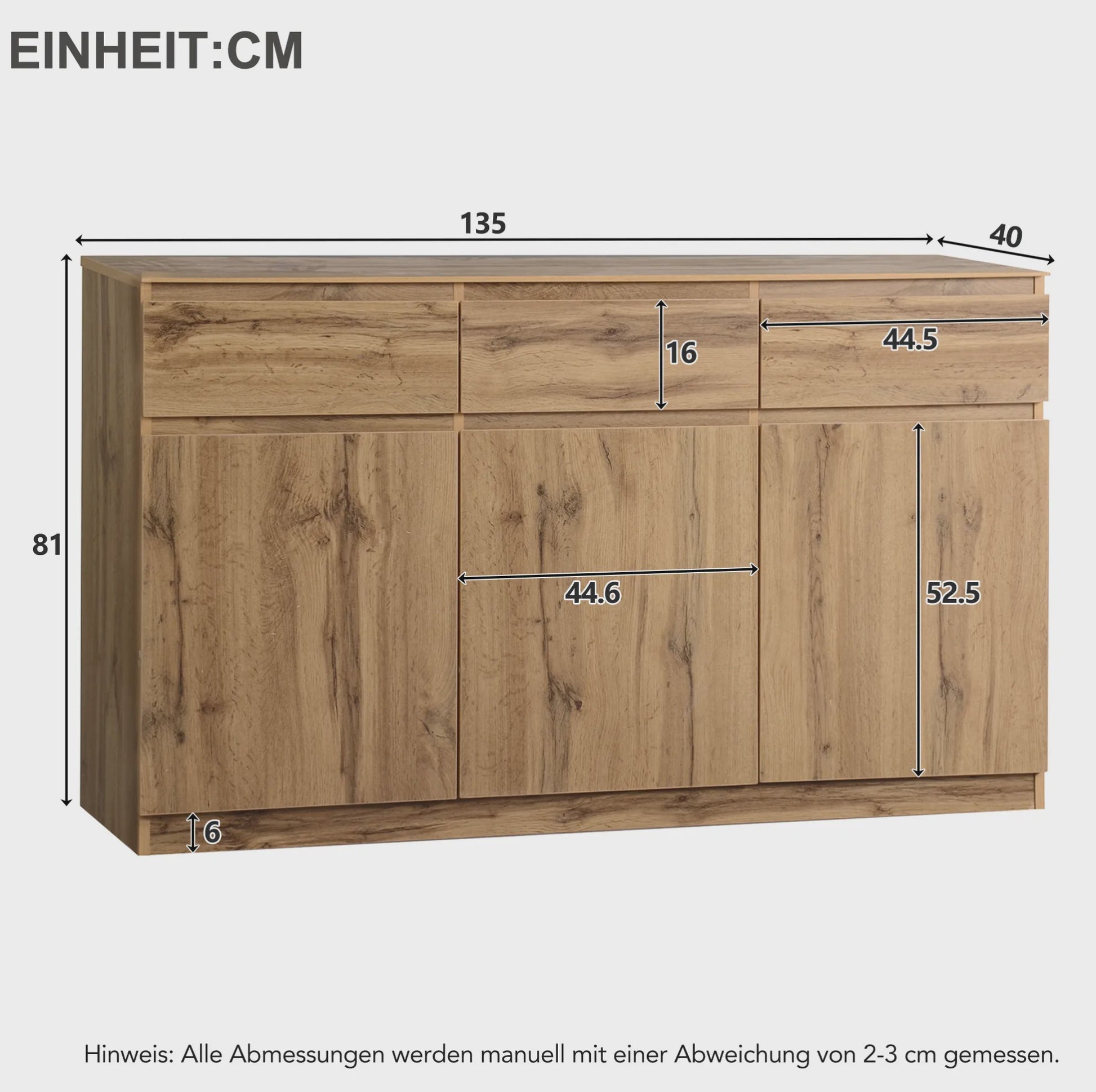Houten Sideboard met 3 Deuren en 3 Lades - 135x40x81 cm