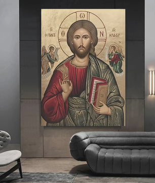 Byzantijnse Wanddecoratie: Jezus op de Troon van de Almachtige - Gouden Religieuze Kunst