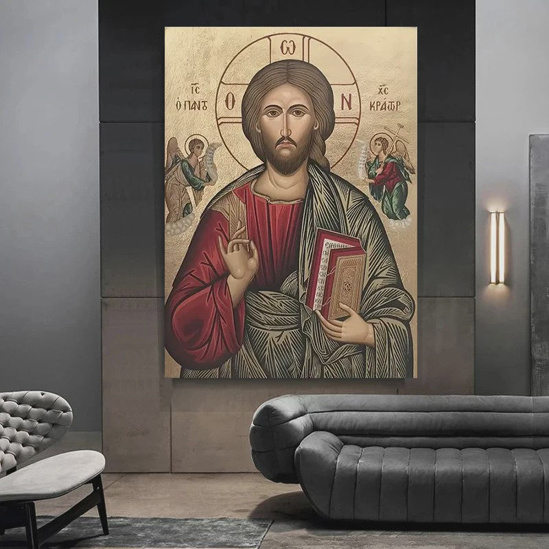 Byzantijnse Wanddecoratie: Jezus op de Troon van de Almachtige - Gouden Religieuze Kunst