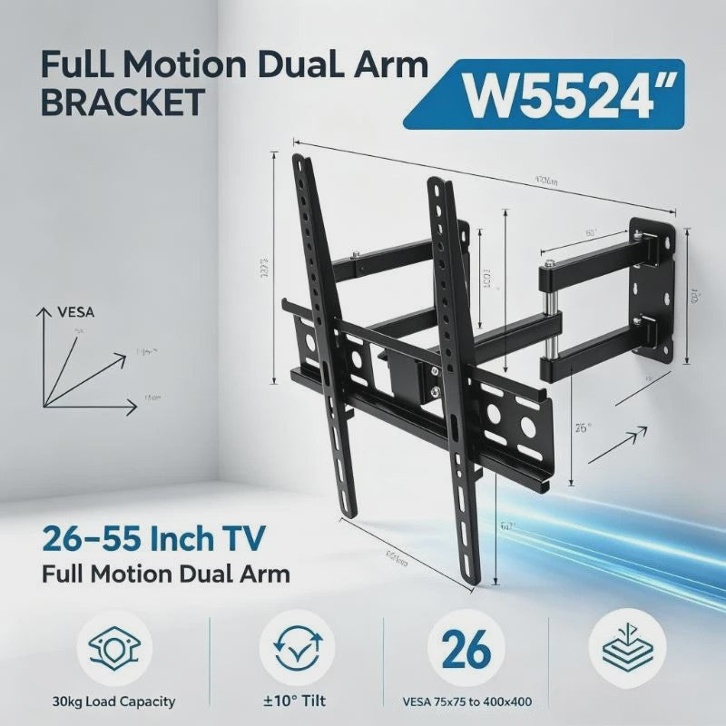 WETECH W5524 TV Muurbeugel - Dubbele Arm, 26-55 Inch, 30kg, Kantelbaar, VESA 75-400mm