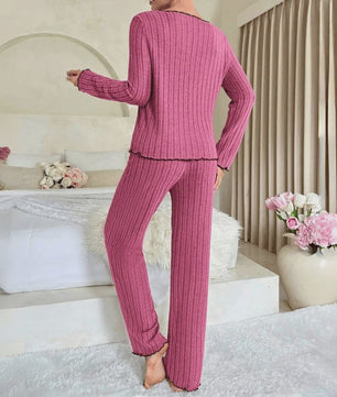 Dames Pyjama Set Ribbel Gebreid met Strikje en Volantrand - Comfortabele Loungewear