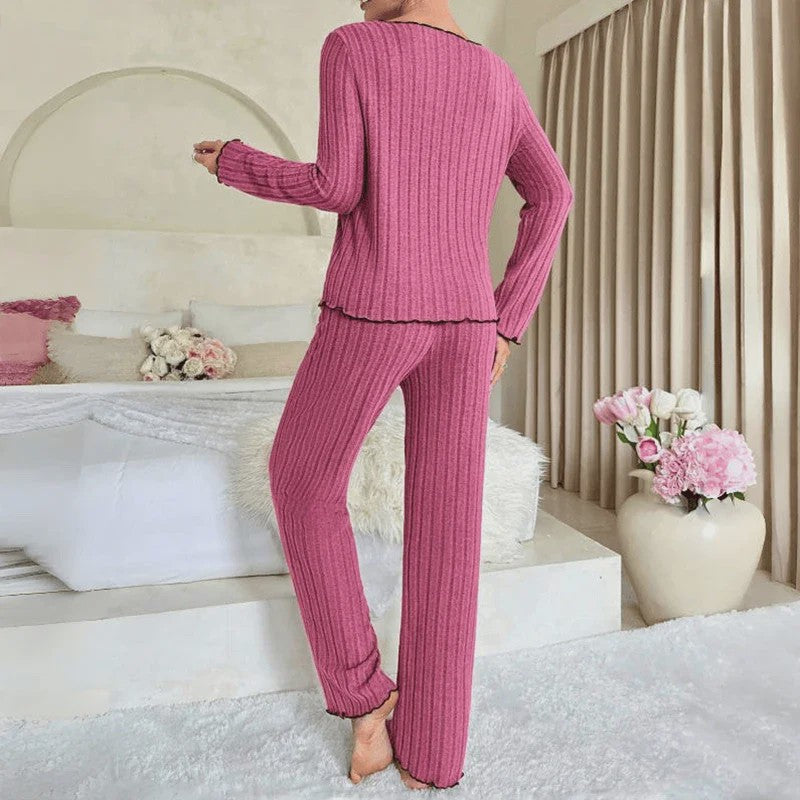 Dames Pyjama Set Ribbel Gebreid met Strikje en Volantrand - Comfortabele Loungewear