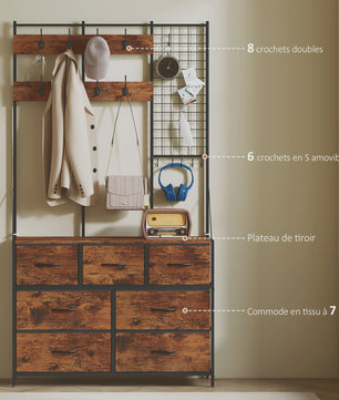 HOMCOM 4-in-1 Entree Meubel met 7 Lades en 14 Haken - Industrieel Zwart & Rustiek Bruin
