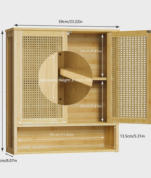 Houten Wandkast met 2 Rotan Deuren - Medicijnkastje en Keukenkastje