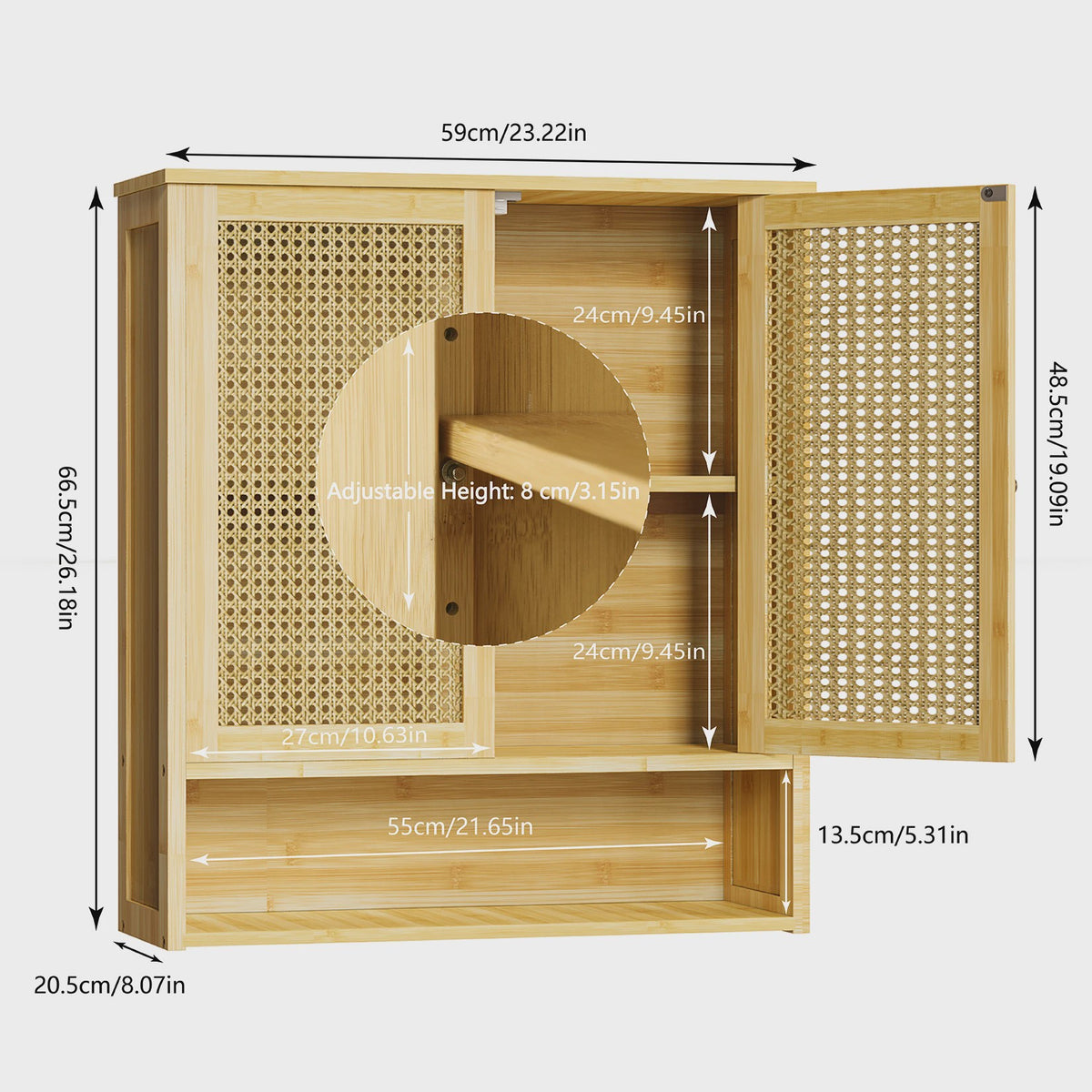 Houten Wandkast met 2 Rotan Deuren - Medicijnkastje en Keukenkastje