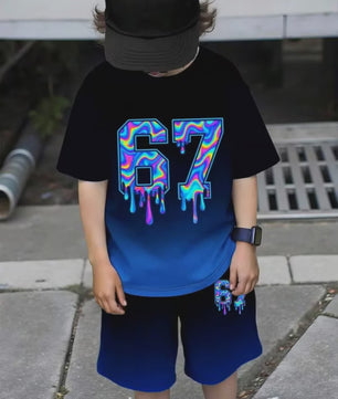 Funny Six Seven Italian Brainrot 67 Number Print Kids Short Sleeved Suit Children Clothing T-Shirt + Shorts 2pc Set Boys Clothes