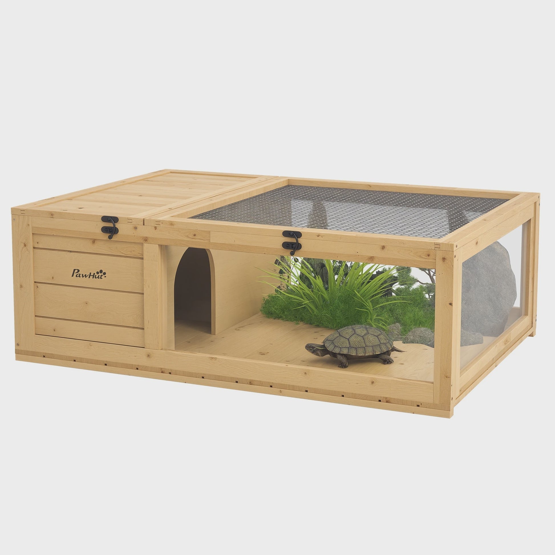 Houten Schildpaddenverblijf met Gaasdak en Verwijderbare Zijpanelen - 91x60.5x32 cm