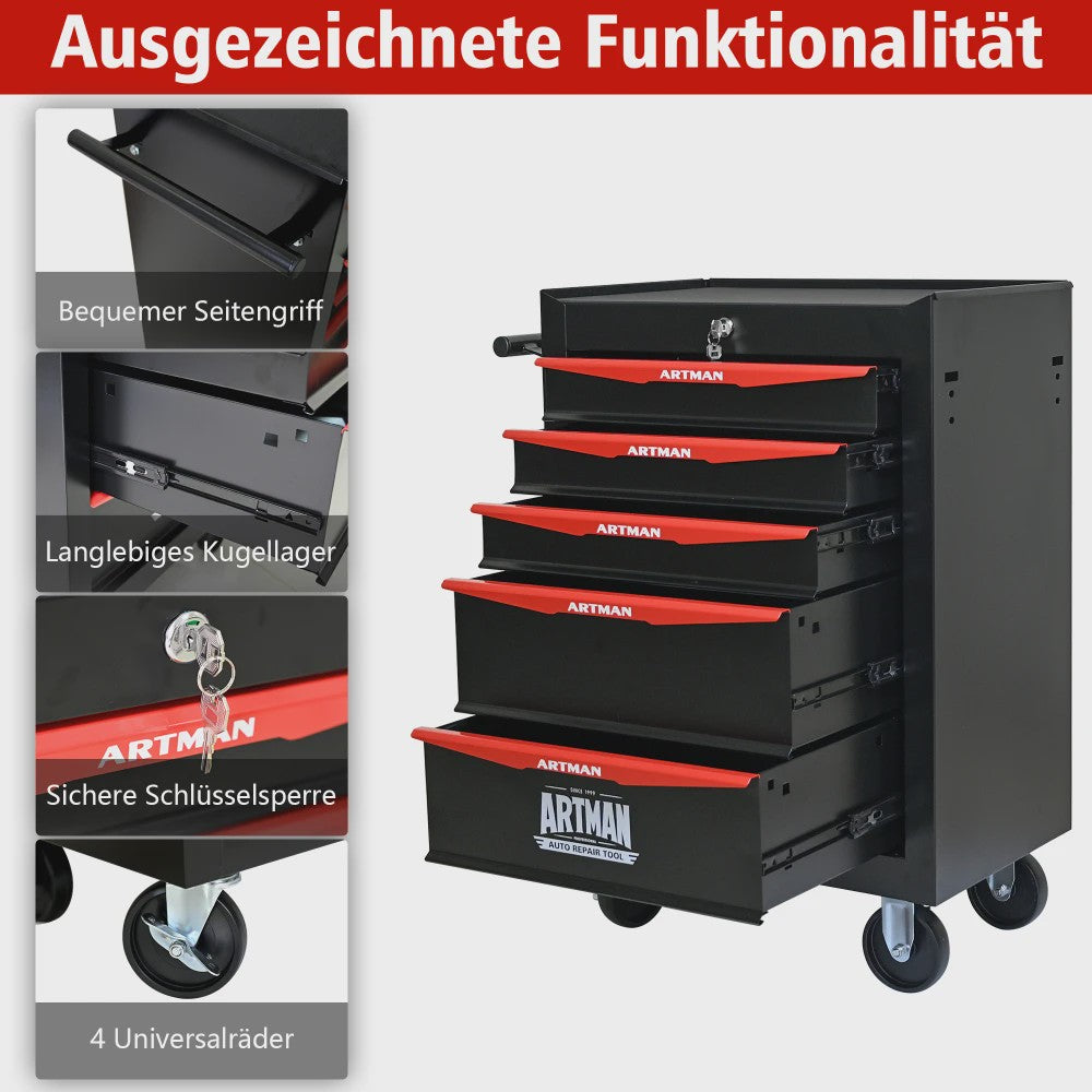 Mobiele Gereedschapswagen met 5 Lades - Zwart/Rood