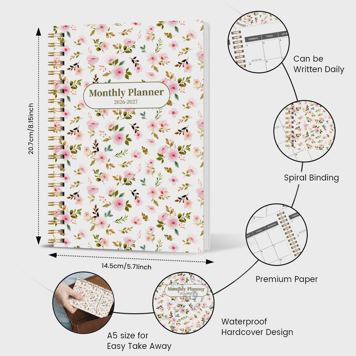 Bloemen A5 Planner 2026-2027: Week & Maand Overzicht, Spiraalbinding, Notities & Agenda