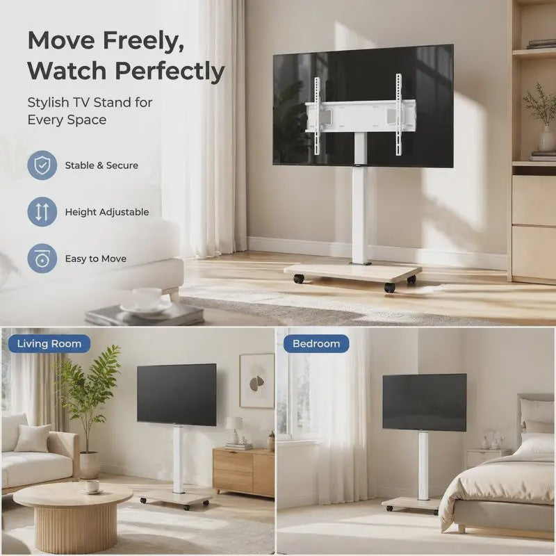 Verrijdbare TV Standaard met Draaibare Mount, In Hoogte Verstelbaar & Plank