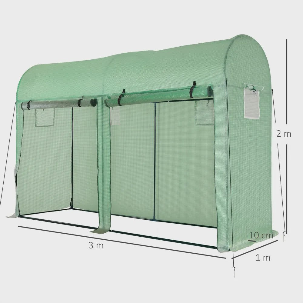 Outsunny Greenhouse Tunnel Garden Shed Greenhouse with 4 Windows and 2 Doors Made of Pe and Steel 300X100X200 cm Green