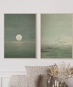Set van 2 Abstracte Canvas Posters - Japanse Stijl, Sage Groen, Minimalistisch Maan & Vogels