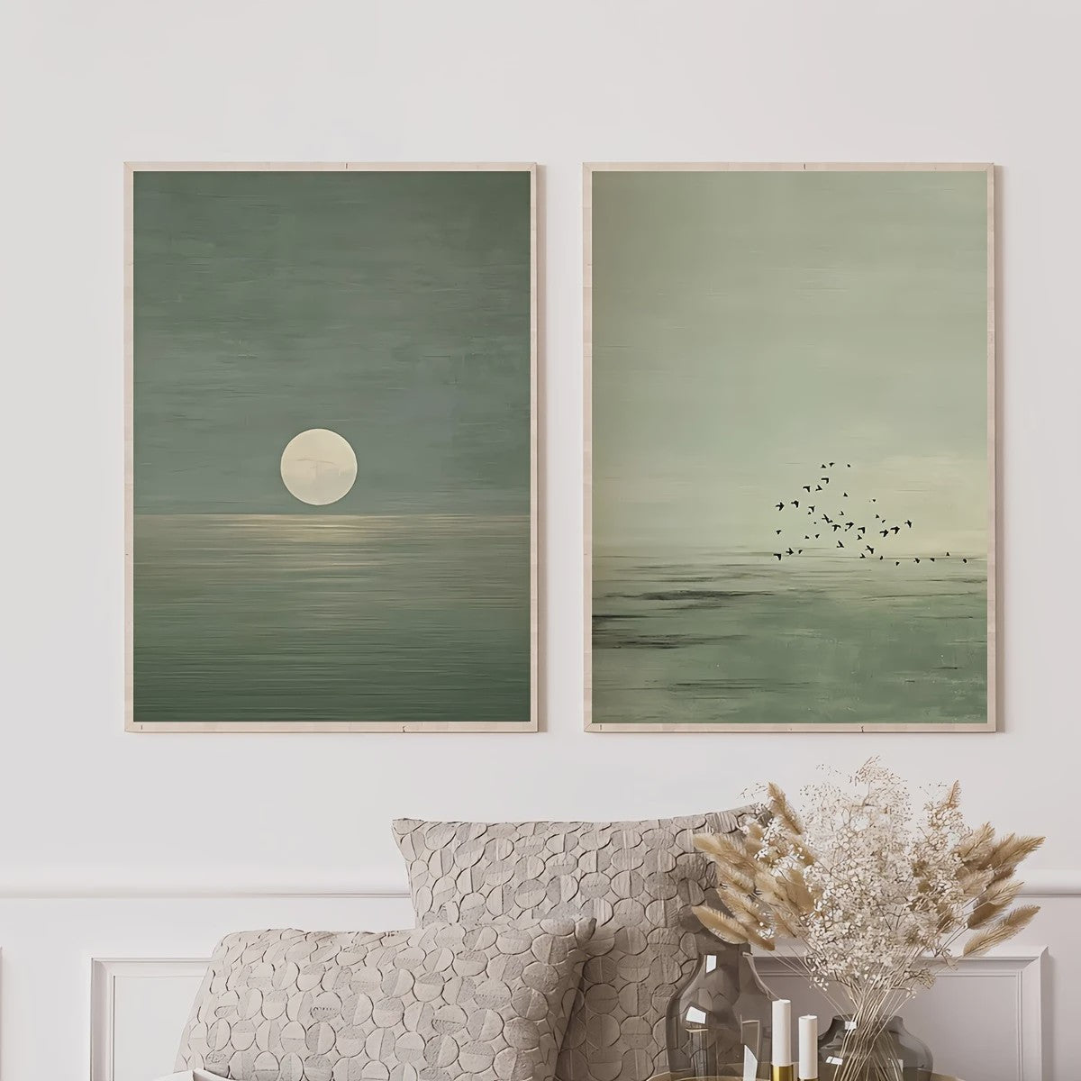 Set van 2 Abstracte Canvas Posters - Japanse Stijl, Sage Groen, Minimalistisch Maan & Vogels