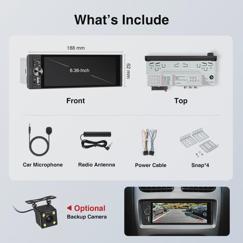 AINAVI 1 DIN Universele Autoradio met 6.36" HD IPS Touchscreen, Wireless CarPlay & Android Auto, Bluetooth 5.0