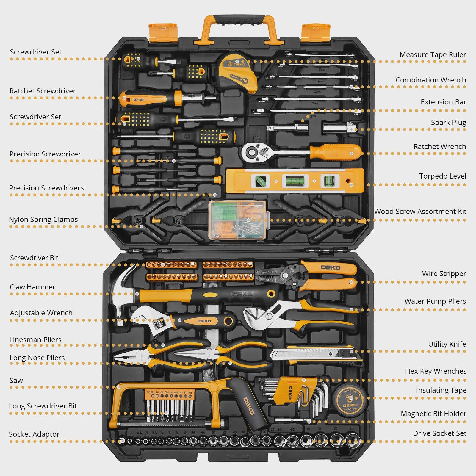 DEKO DKMT228 Complete Gereedschapskist - 228 Delige Handgereedschap Set voor Auto Reparatie en Klussen