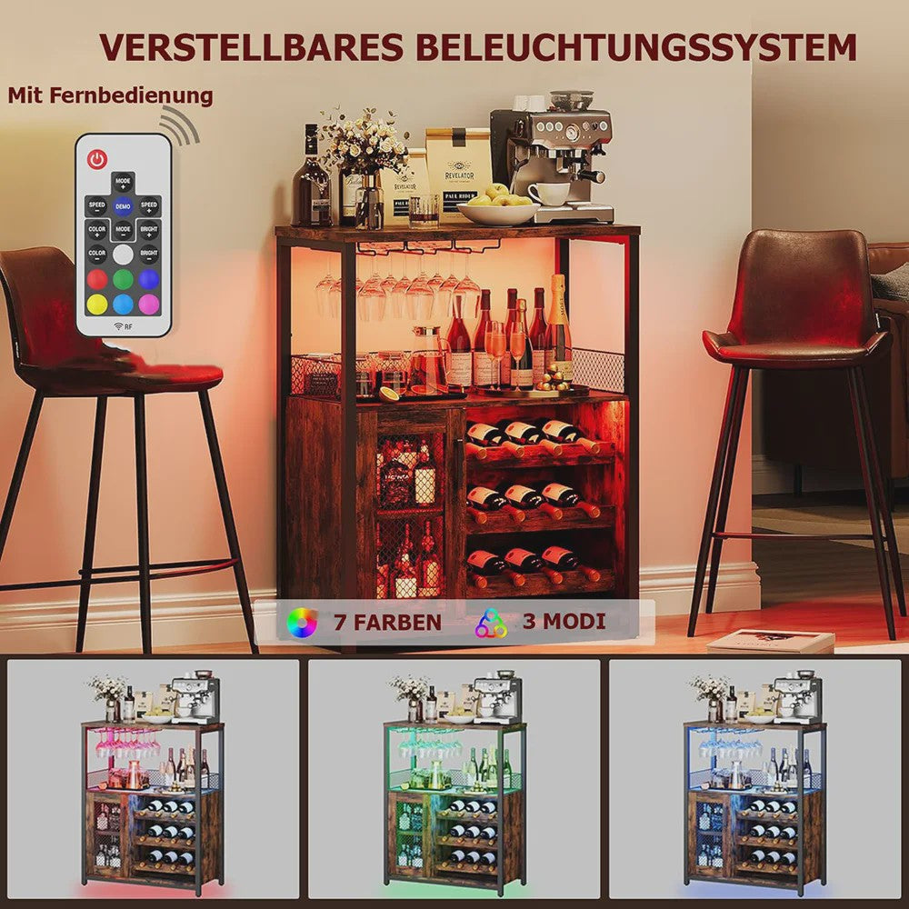Retro Wijnkast met 7-kleurige LED-verlichting, Glashouder & Verstelbare Flessenrekken
