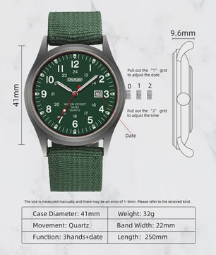 Stijlvol Herenhorloge met Kwarts Uurwerk, Lichtgevende Wijzers en Datum - Militair/Sportief Nylon Band