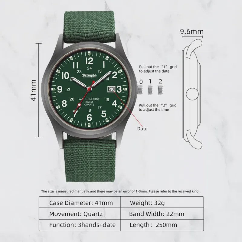 Stijlvol Herenhorloge met Kwarts Uurwerk, Lichtgevende Wijzers en Datum - Militair/Sportief Nylon Band