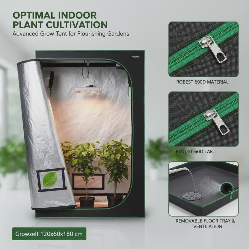 Professionele Kweek Telt 120x60x180 cm - 600D Mylar, Observatievenster & Bodemlade