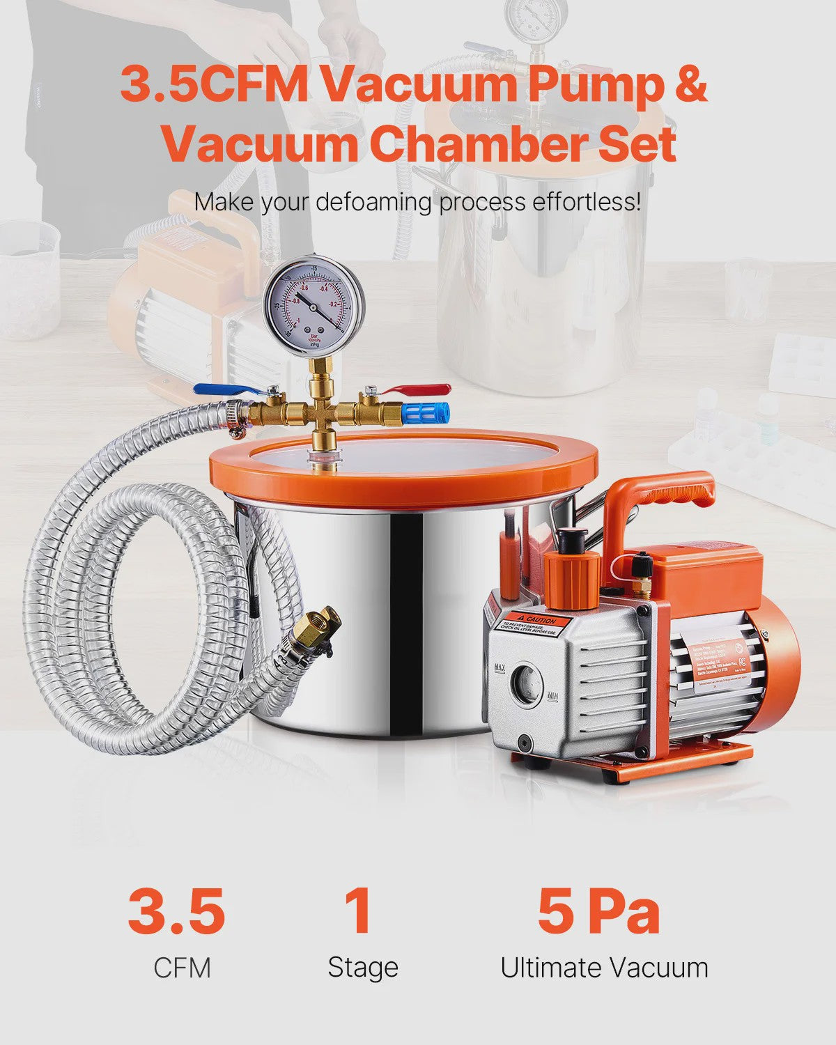Vacuümkamer Kit met 3.5CFM Pomp & 4.92ft Slang - 1.5/3/5 Gallon