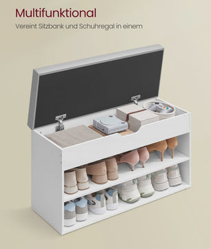 VASAGLE Schoenenbank met Zitkussen - 3 Niveaus Schoenenrek - Wit-Grijs 80x30x44 cm