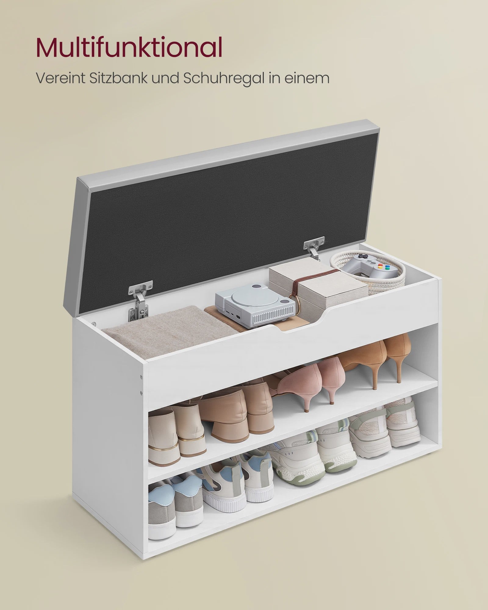 VASAGLE Schoenenbank met Zitkussen - 3 Niveaus Schoenenrek - Wit-Grijs 80x30x44 cm