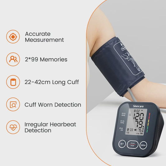 Sinocare ARM-30E+ Automatische Bloeddrukmeter met Hartslagmeter en Lange Manchet