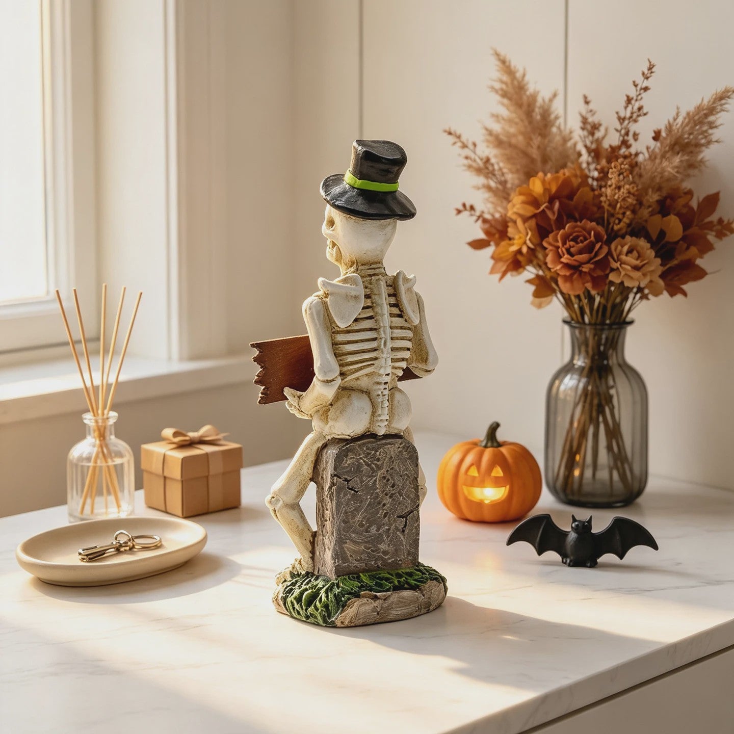 Halloween Skelet Figuur met 'Spooky' Bord - Spookachtige Decoratie voor Huis & Feest