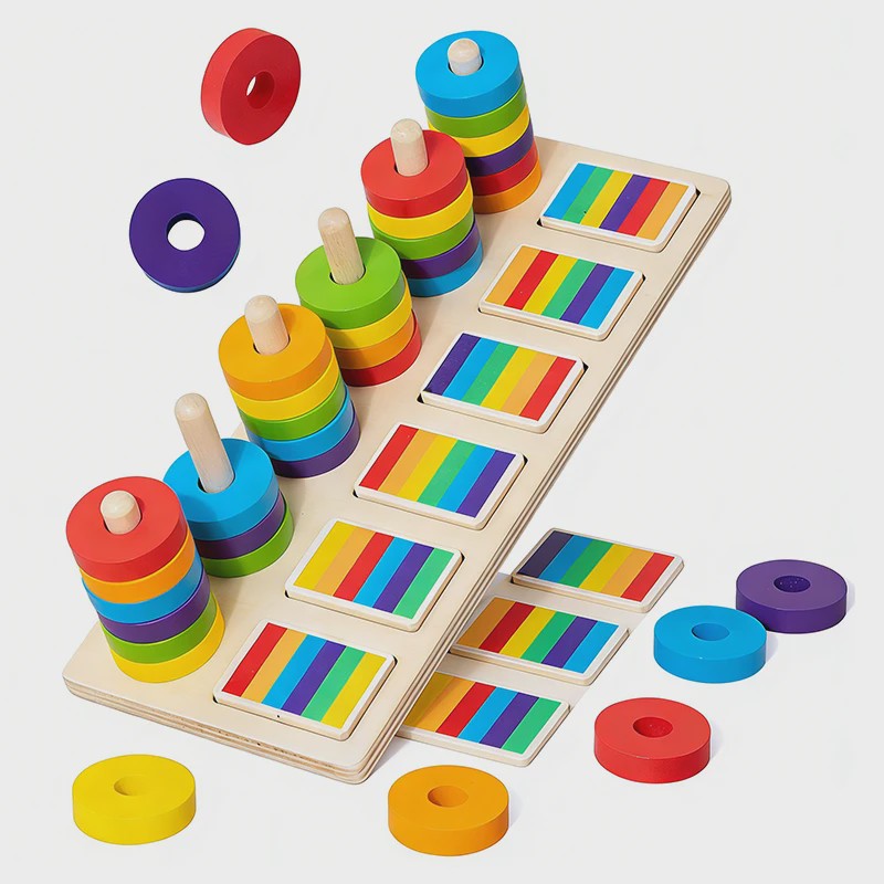 Montessori Houten Regenboog Ringenspel - Kleuren Sorteren & Logisch Denken Educatief Speelgoed