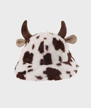 Warme Koeienprint Bucket Hat met Hoorns - Fleece Gevoerd & Verdikt voor de Winter