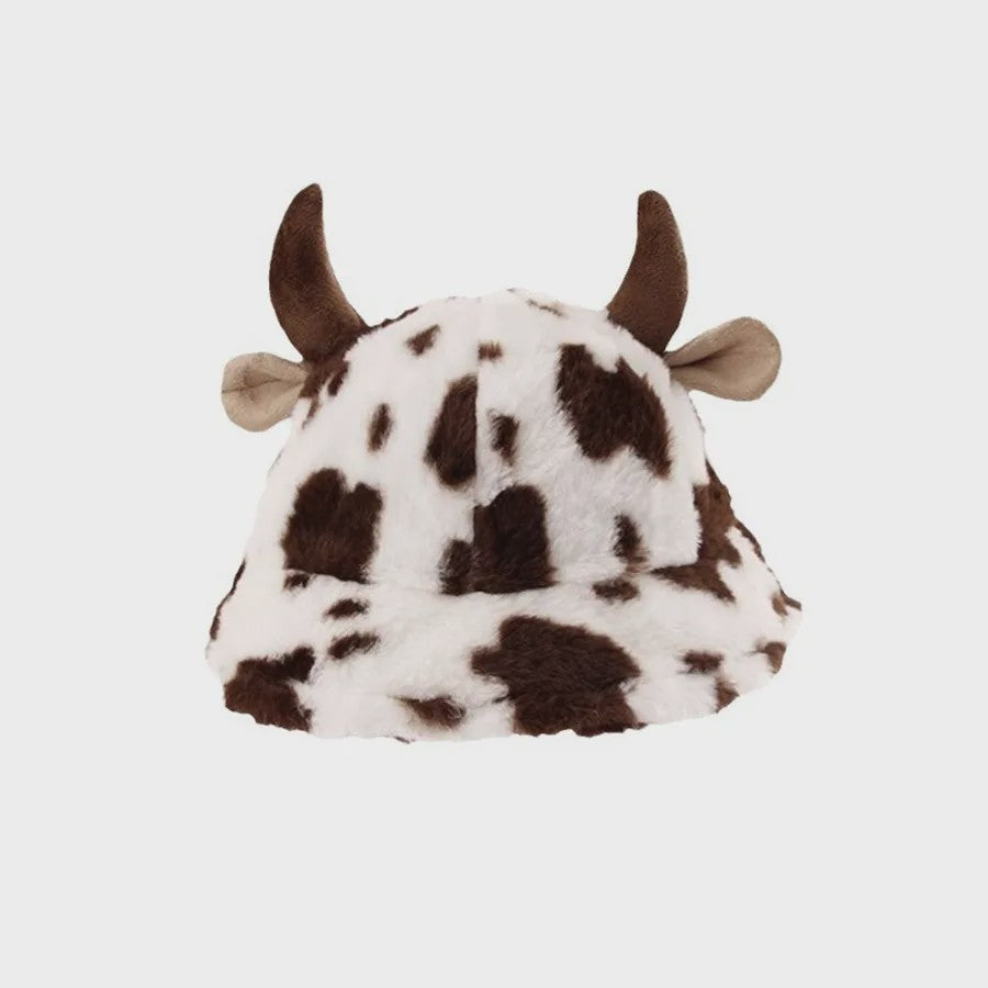 Warme Koeienprint Bucket Hat met Hoorns - Fleece Gevoerd & Verdikt voor de Winter