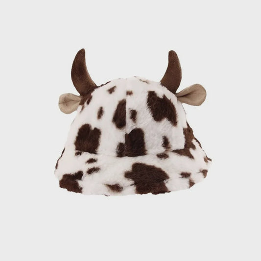Warme Koeienprint Bucket Hat met Hoorns - Fleece Gevoerd & Verdikt voor de Winter