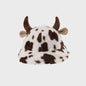 Warme Koeienprint Bucket Hat met Hoorns - Fleece Gevoerd & Verdikt voor de Winter