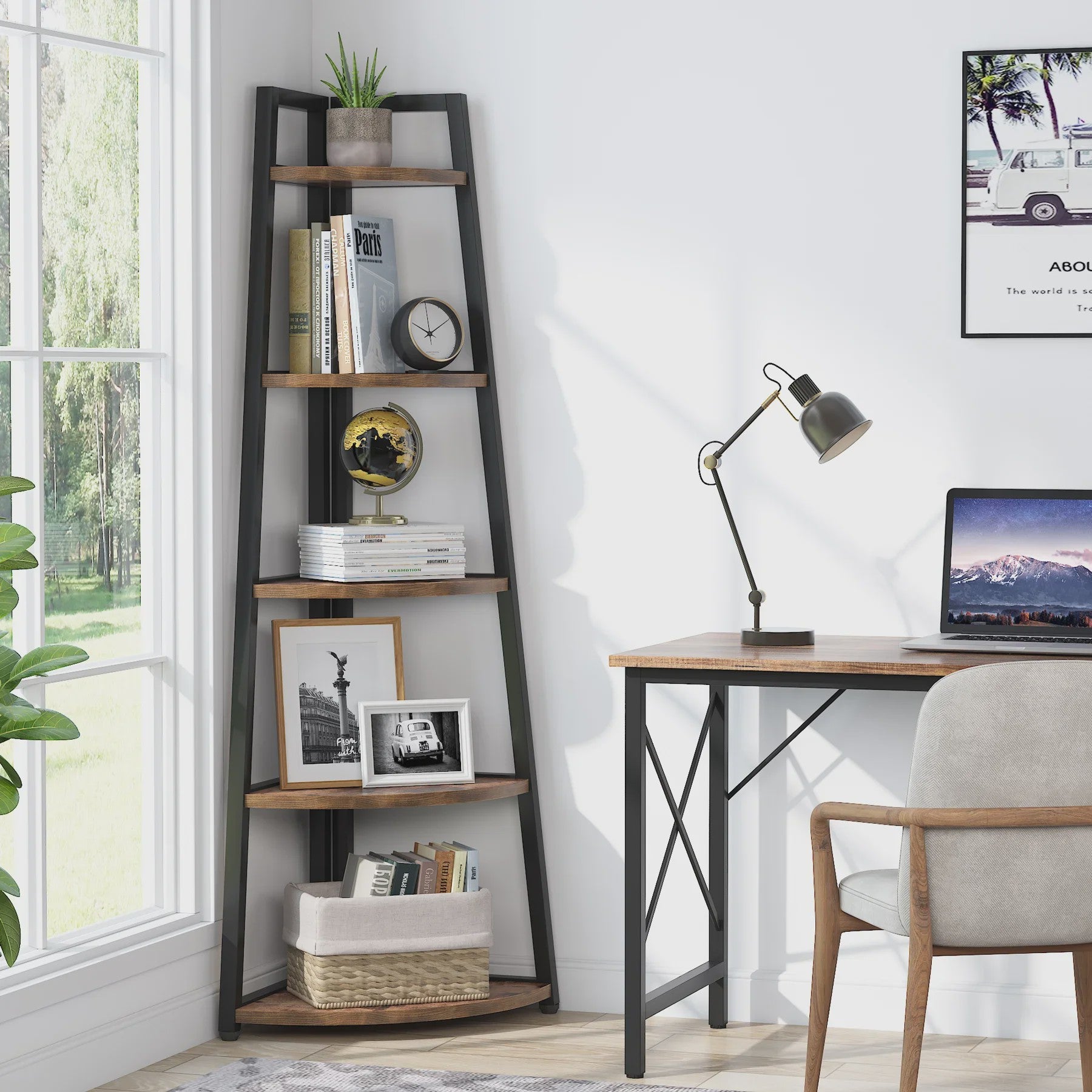 Hoekboekenkast met 5 etages - Stijlvol Hout & Metaal Design