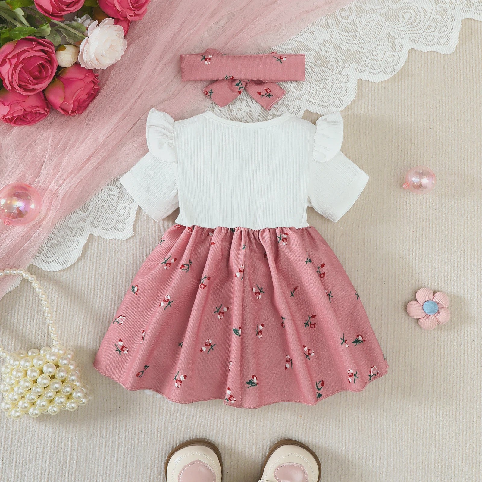 Zomerjurk met Hoofdband voor Baby Meisjes - Bloemig Design met Grote Strik
